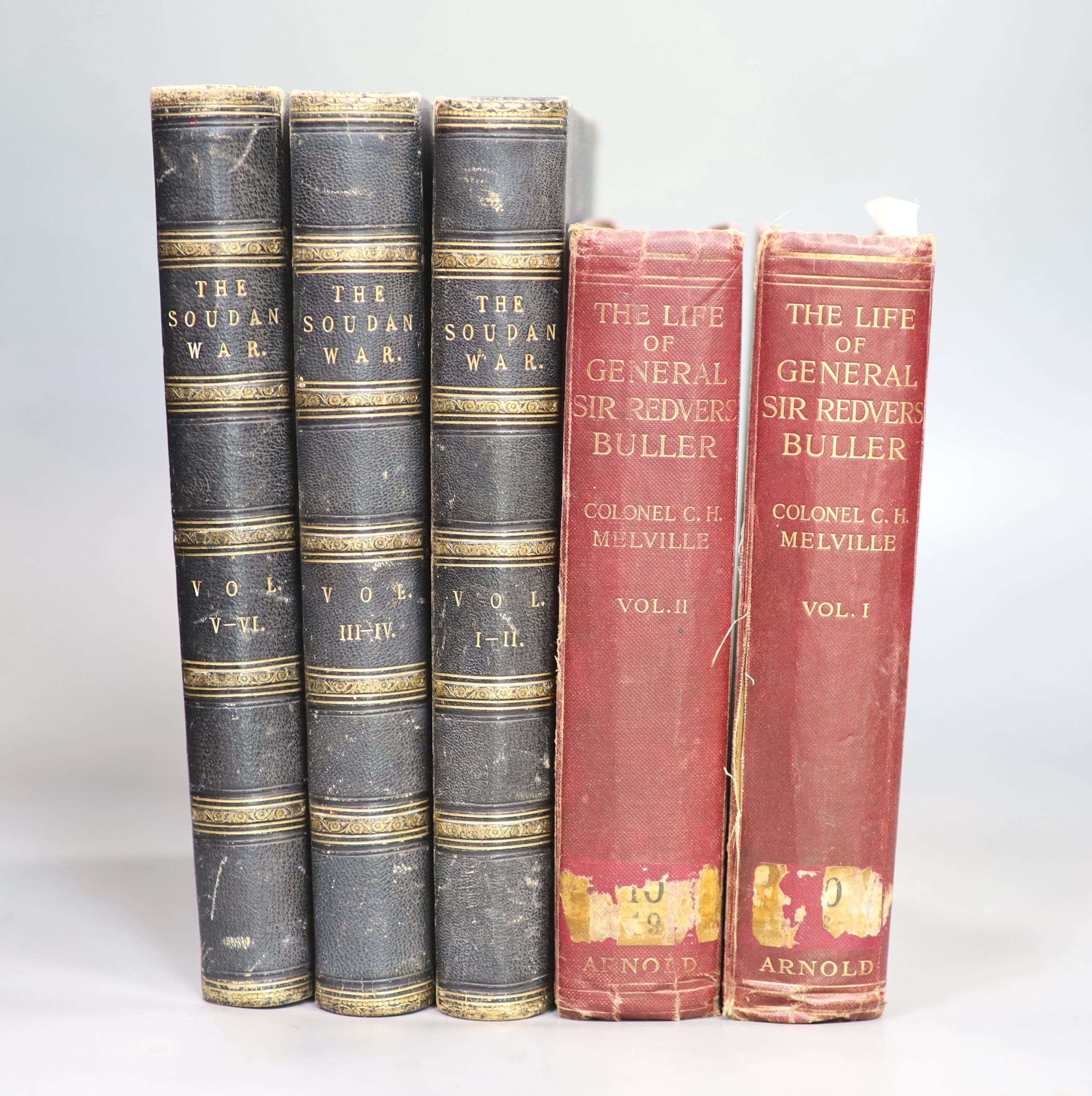 Grant, James - History of the War in the Soudan, 6 vols in 3, qto, half calf, Cassell & Co., London, Paris, etc., [1885-86], and Melville, Col. C.H - Life of General the right hon. Sir Redvers Buller, 2 vols, 8vo, red cl